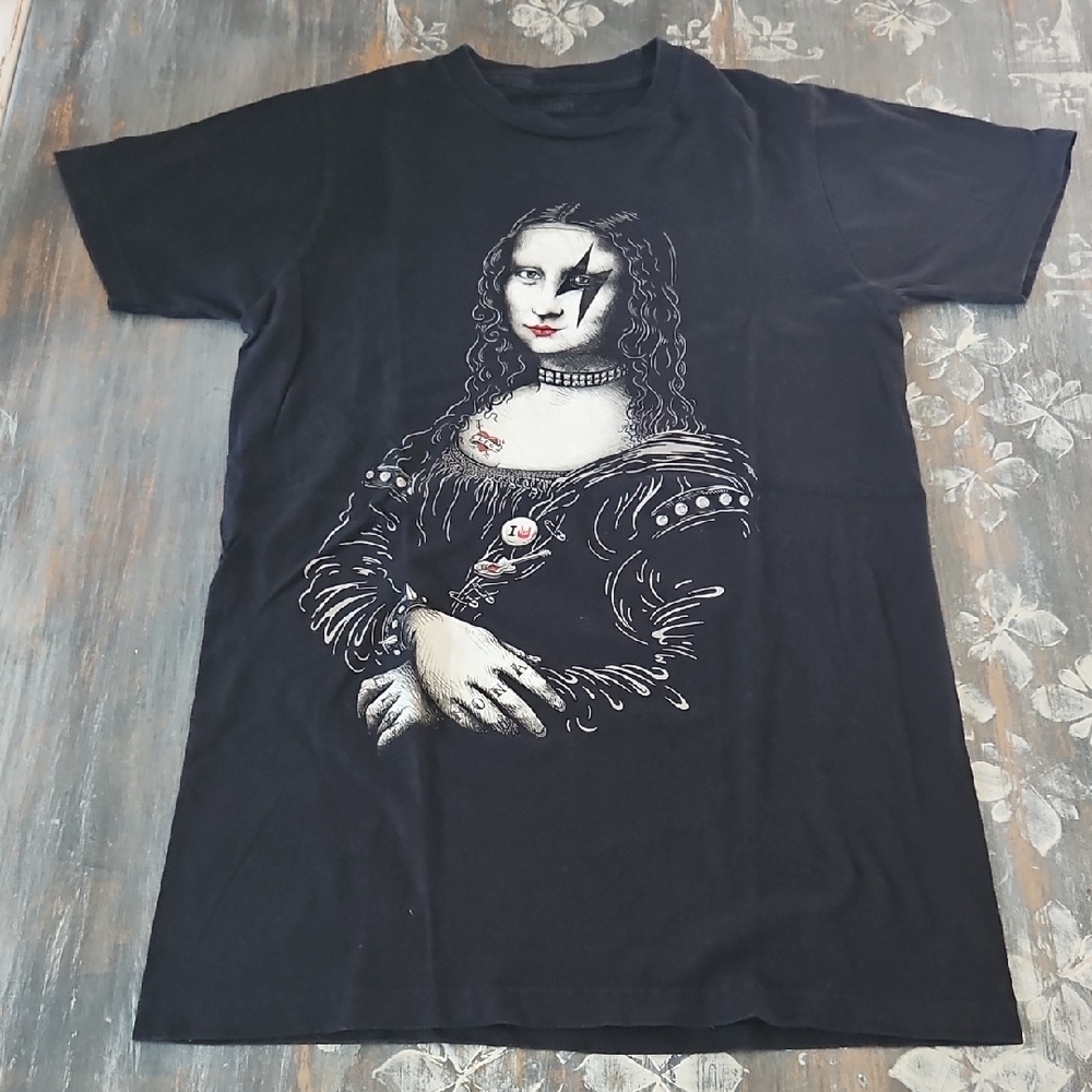 Mona Lisa Punk Rock Heavy Metal Renaissance Rocks Small Women's Black T-Shirt